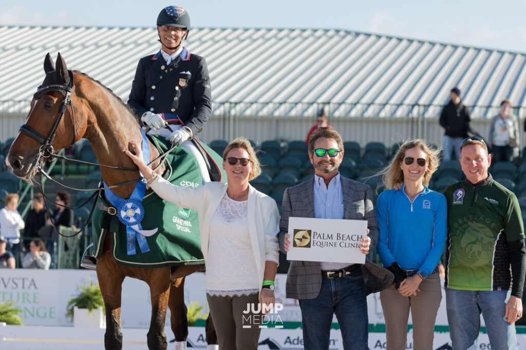 Steffen Peters and Suppenkasper topped the Palm Beach Equine Clinic FEI Grand Prix Special CDI5* at the 2020 Adequan® Global Dressage Festival, pictured with Dr. Scott Swerdlin and Dr. Marilyn Connor. Photo by Jump Media
