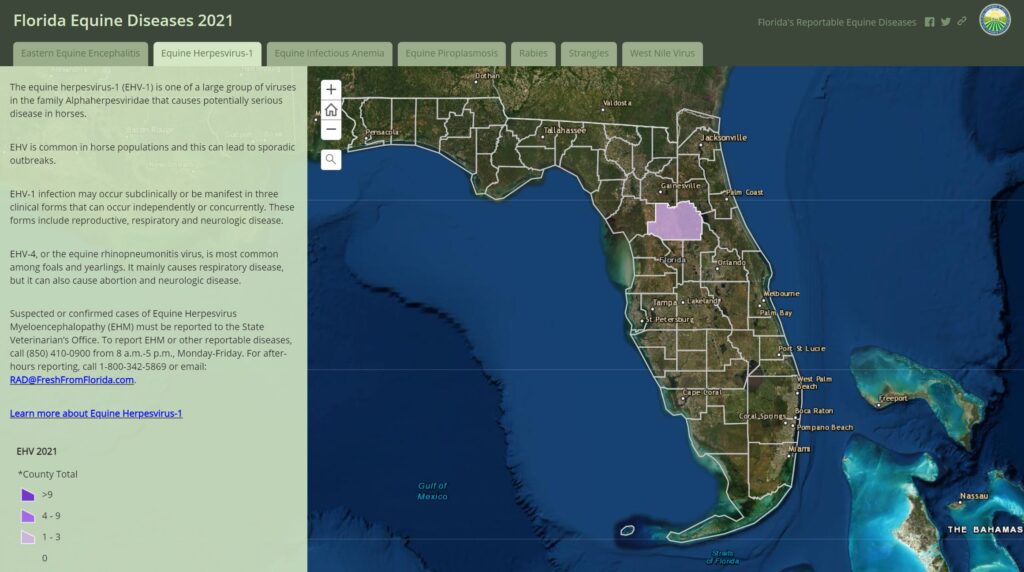 Florida’s Reportable Equine Disease Map. For the most up-to-date interactive map, go to www.fdacs.gov. 